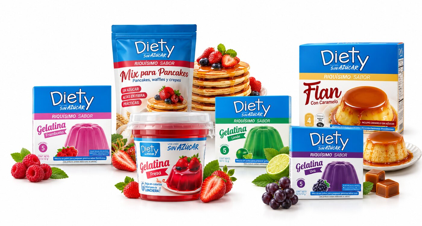 Productos DIETY sin azúcar disponibles en Guayaquil: gelatinas, flan, pancakes y gelatina lista