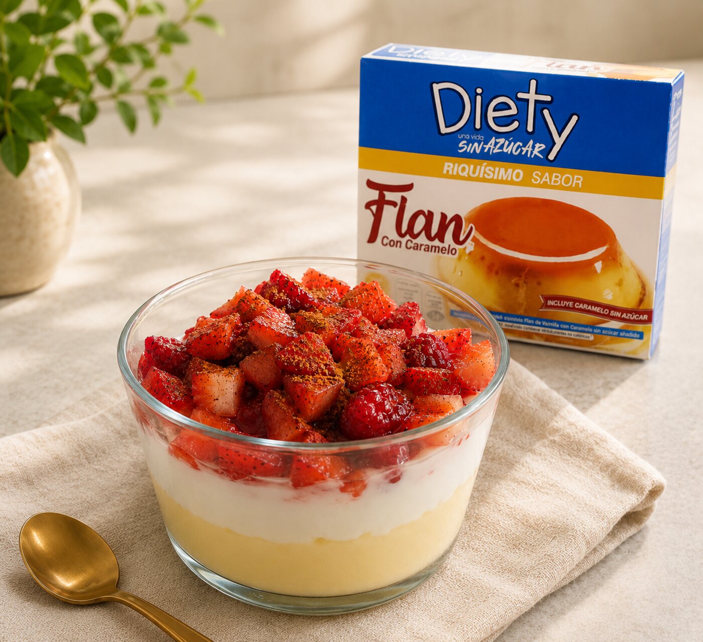 Copa de flan sin azúcar con frutos rojos