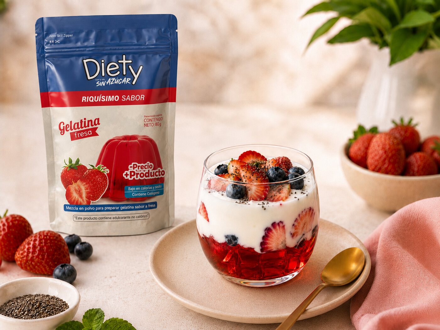 Copa de gelatina con yogur y frutas